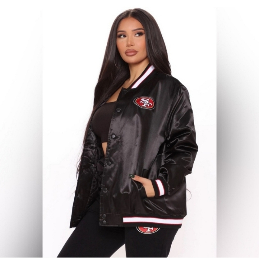 San Francisco 49ers NFL Black Satin Snap Varsity Jacket M
